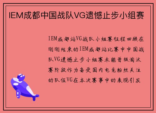 IEM成都中国战队VG遗憾止步小组赛