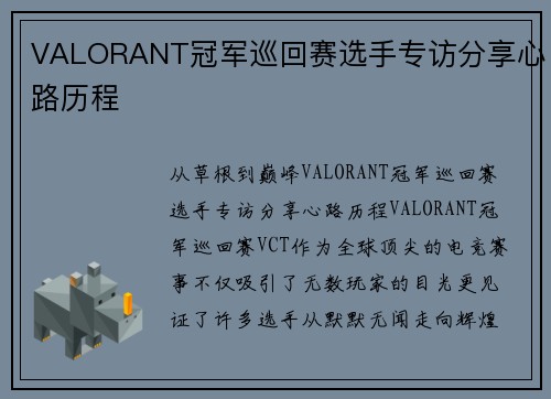 VALORANT冠军巡回赛选手专访分享心路历程