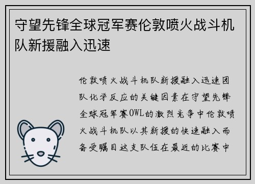 守望先锋全球冠军赛伦敦喷火战斗机队新援融入迅速