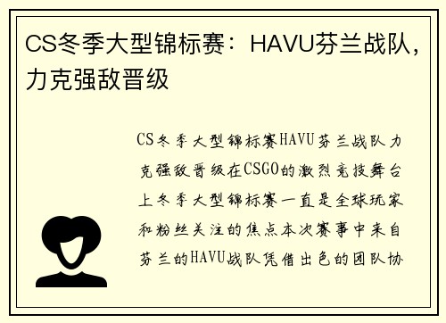 CS冬季大型锦标赛：HAVU芬兰战队，力克强敌晋级